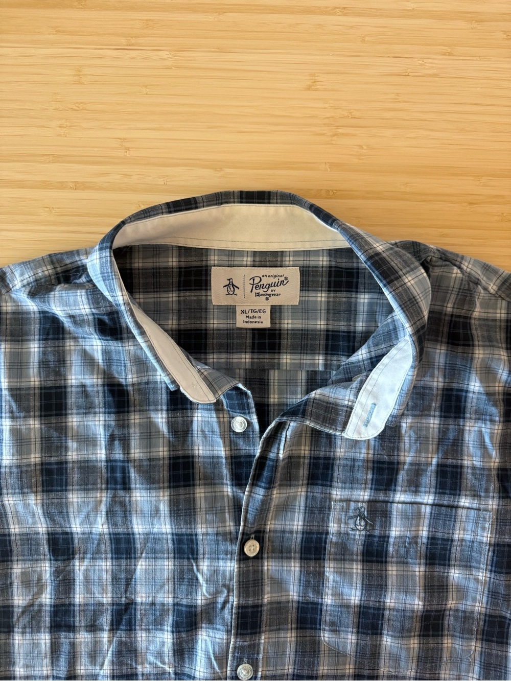 Original Penguin Men’s XL Blue Gray White Plaid Woven Easy Care SS Button-Up
